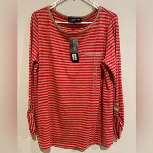 NWT Jones New York Signature Stretch Red and Tan Strip shirt.  Size XL